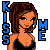 Pixel art contact sheet showing two frames of an animated buddy icon featuring a cartoon woman with brown hair and black spaghetti-strap top, flanked by blue-and-black text reading KISS ME.