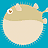 Pixelated round icon with light brown top half and off-white bottom half, featuring a single eye with brown pupil and white outline, small pinkish fins, and a blue background.