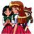 Two cartoon-style figures in a close embrace, one with dark hair and green top, the other with long brown hair and red dress, both smiling.