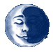 Six circular blue-and-white moon faces with closed eyes and smiling mouths arranged in two of three, each showing different phases of a crescent shape
