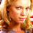 A 48x48 pixel buddy icon featuring a split composition with a blonde woman on the left and red background text/graphics on the right, part of an animated contact sheet.