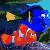 Animated pixel art featuring orange clownfish and blue fish with yellow fins against a teal background, displaying text changes across frames.