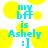 Pixelated cyan text on white background with yellow circular shapes, displaying 'my bff is Ashely :]'.