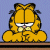 A pixelated Garfield cartoon character in a static pose with green text on the right side of a contact sheet layout.