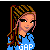 Pixel art buddy icon featuring a female character with braided hair wearing a blue GAP shirt and dark pants, alongside partial view of another figure in blue top and jeans, with a green-bordered nameplate reading "Jackie" surrounded by blue stars on black background.