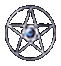 A circular silver pentagram with a blue glowing center, shown in multiple states of animation including rotation and shape transformation.