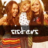 Three women with long hair stand closely together, smiling, with the word 'sisters' overlaid in white text.