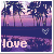 Pixelated static icon featuring a purple and pink sunset scene with silhouetted trees reflected in water, a small heart symbol on the right, and the word 'love' at the bottom.