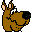 Pixelated cartoon dog with brown body, black ears, and tan eyes; mouth changes from open white teeth to closed brown expression.
