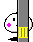Animated contact sheet of a pixel art character peeking from behind a gray pole with yellow bands, showing sequential frame changes in pose and expression.