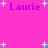 A static image with a bright pink background featuring multiple instances of the name 'Laurie' in purple text and light blue plus signs scattered throughout.