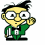 Pixel art character in green suit with black bow tie and striped shirt, waving hand while text appears sequentially around the