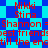 Pixelated red text on blue and cyan checkered background with diamond shapes, repeating names and phrases.