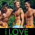 Animated contact sheet of shirtless men in swimwear with green text forming "I LOVE ARO MIE SO HOTT!!!!!!! GUYS!!!" across frames.