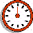 twelve clock icons with orange borders, white faces, black tick marks, and orange hands showing different times