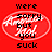 Red background with black text reading 'were sorry but you suck' and a white oval outline containing pixelated figures.