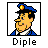 Pixelated cartoon character in blue police uniform with yellow badge, smiling face, and black hair inside a black square frame above the text "Diple" on white background.