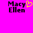 A bright pink background displays two side-by-side text-based icons with 'Macy Ellen' in black pixelated font, one featuring a yellow heart symbol replacing the 'y' in 'Macy'.