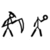 Two pixelated stick figures in black and white; left figure holds a curved object, right figure holds a circular object.