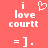 Red background with white pixelated text 'i love court' and a heart symbol above the word 'love', followed by '= ].' in two identical side-by-side
