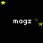 Black background with repeated white text 'magz' and yellow/gold stars in pixelated style.