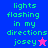 Pixelated text 'lights flashing in my directions josey' with a star symbol, displayed across four colored