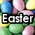 Pixelated image with colorful abstract shapes and the word 'Easter' in bold white letters on a black background.