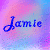 four and four shows the name 'Jamie' in blue cursive text on a pink and purple gradient background with pixelated texture