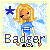 Pixelated 50x50 buddy icon featuring a blonde cartoon girl in blue striped shirt with closed eyes, holding microphone, star symbol, and "Badger" text on light blue background.