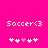 Pixelated text 'Soccer<3' on bright pink background with five heart symbols below, two variations of the hearts differ in color and position.