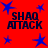 Red background with blue stars and four instances of 'SHAO ATTACK' text in dark blue pixelated font.