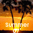Animated sunset scene with palm trees, changing text overlays, and a bright sun at the horizon.
