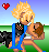 Pixel art buddy icon showing two cartoon characters kissing under a heart symbol with green field and blue sky background.