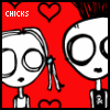 Red background with two cartoon characters; left character has short hair and large eyes, right character has spiky hair. Text labels change across frames.