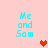 Pixelated cyan text "Me and Sam" appears in four quadrants on a light pink background with two pixelated hearts, one red and one peach, changing position between frames.