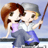 Pixelated cartoon-style icon of two characters embracing, one with brown hair and purple top, the other with gray cap and blue shorts, holding a stick-like object against light blue background.