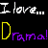 Black background with repeated white text "I love..." and purple-yellow gradient "Dramal" text, plus a black-and-white theatrical mask icon on the right.