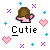 Pixel art of a brown-haired figure in pink clothing with hands near face, surrounded by hearts and crosses on gray background.