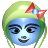 Pixelated circular icon shows a blue-skinned character with green hair and a red bow, winking with a closed eye and smiling.