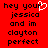 Red background with black pixelated text reading 'hey your jessica and im clayton perfect' and a white pixelated heart symbol replacing the 'o' in 'your' on the left side.