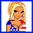Pixel art contact sheet with four quadrants showing a blonde character and text reading "blondes have more fun" in red pixelated font on blue backgrounds.