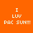 Four orange display white pixelated text 'I LUV PAC SUN!!!' with dark brown bars over 'LUV' in two