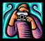 Pixelated figure in purple striped sweater holds silver camera with both hands against teal background with black swirls.