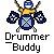 Pixel art contact sheet showing two identical animated frames of a drummer buddy icon with text promoting 'badassbuddy.com' on the right side.