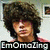 A person with voluminous curly brown hair appears in two states: one with a black banner reading 'EmOmaZing' and another with five red pixelated hearts below the face.