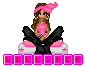 Pixel art of a doll with brown hair and pink headband sitting on white platform, legs crossed in black boots, text below reads LOLLIPPOP.