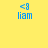 Blue pixelated text '<8' above 'liam' on yellow background with pink gradient overlay in bottom-left corner.