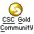 A pixelated icon features a golden coin with an S symbol above text reading CSC Gold Community on gray background.