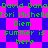 Pixelated text repeats across a checkered background with alternating pink and blue squares.