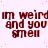 Red text repeats 'im weird and you smell' across a light pink background with scattered purple dots, with a gray rectangle partially visible on the right edge.